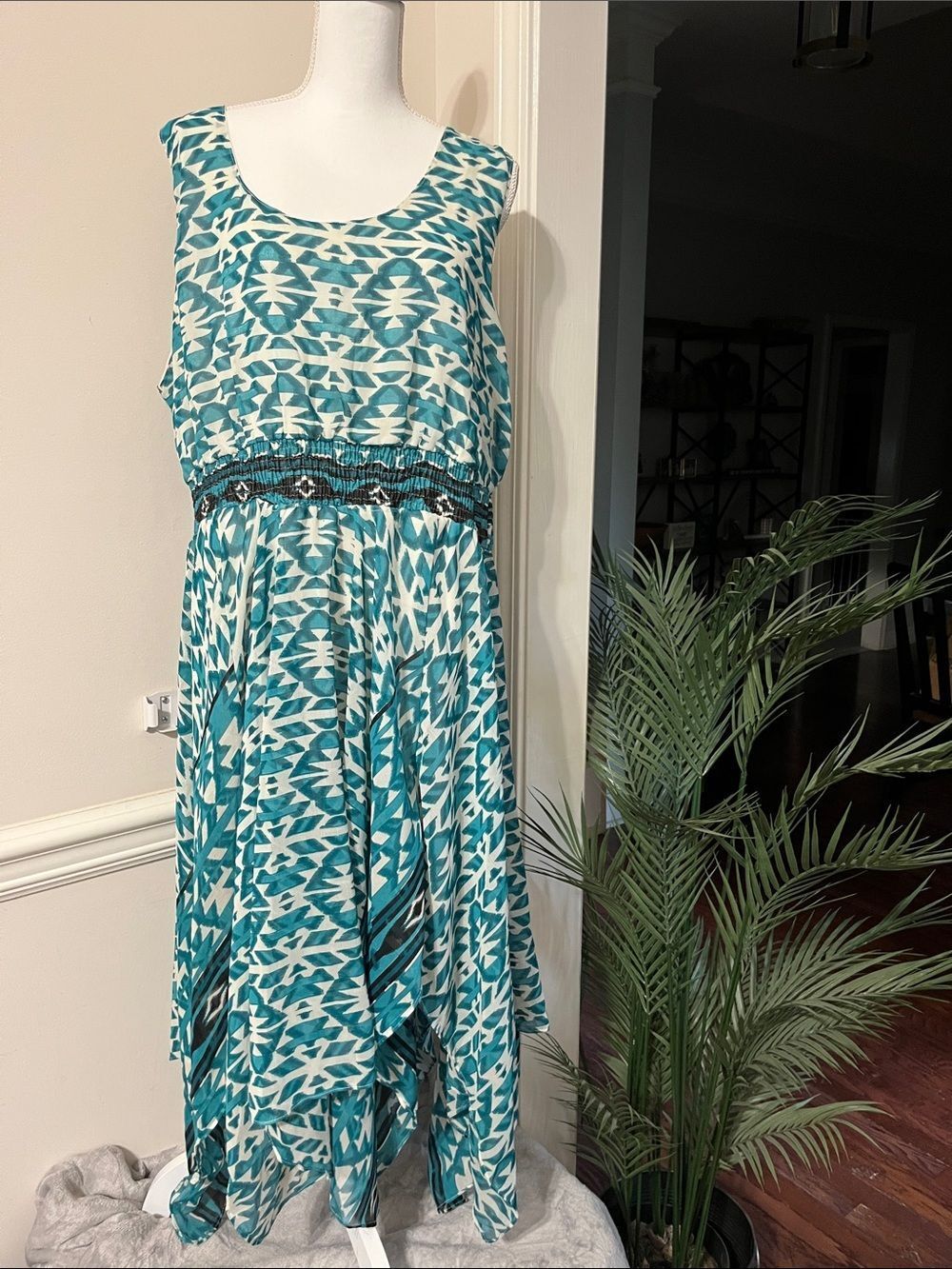 Bella Moda Teal Geometric Sleeveless Maxi Jagged Hem Dress Size 3X plus 26/28